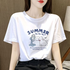 White Loose Fit Short Sleeve T-Shirt Womens Fashion Summer Slimming Large Version Cartoon Print Top Korean Style Cotton 100%
