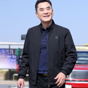 เสื้อแจ็คเก็ตโพลีเอสเตอร์ลําลองสําหรับธุรกิจสําหรับผู้ชายวัยกลางคนพร้อมคอปกแบบพลิกกลับได้ซิปด้านข้างช่องกระเป๋าตาข่ายแบบมีซิป