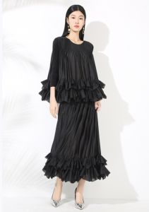 Women Ruffled 3/4 Sleeve Pleated T-shirt or High Waist Long Overskirt #20252020 (T-shirt and skirt are sold separay)