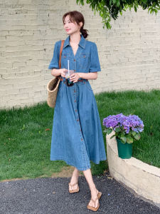 Retro Hong Kong Style Thin Denim Dress Women Summer 2025 New Classy V-Neck Waist-Cinching Slimming Casual Shirt Long Dress