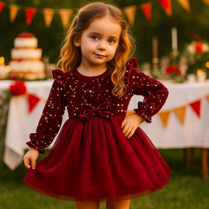 Girl Dress Autumn Winter Velvet Long Sleeved Mesh Bow Princess Dress Childrens New Year Children Party Festive Dress For Girl