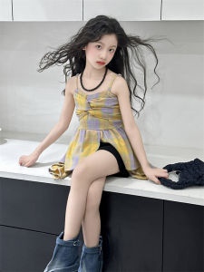 Girls Summer Plaid Vest Dress High Waist Irregular Skirt Casual Style Cotton Blend Fabric No Brand Registered Trademark