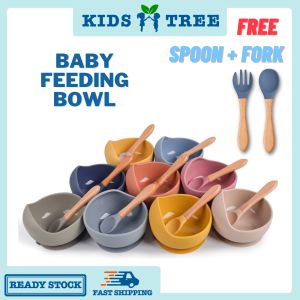 Baby Silicone Feeding Food Grade Suction Bowl for Kids Spoon Fork Toddlers Self Learning Mangkuk Kanak-kanak