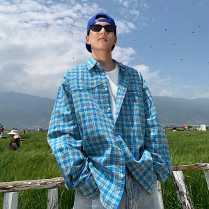 Holocene American Trendy Blue Plaid Long Sleeve Shirt Jacket Mens Loose Retro Style Polyester Fiber Summer Fashion
