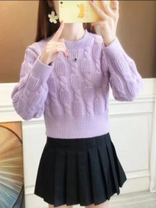 Thickened Autumn and Winter New Arrival High Waist Short Sweater Womens Cable Stitch round Neck Small Bottoming Loose All-Matching Sweater