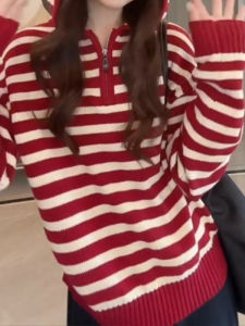 YUEZHONGWEI | Korean Style Hooded Stripe Half Zip Oversized Sweater