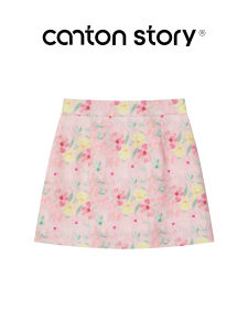 Cantonstory | Sweet Pink Floral A-Line Skirt High-Waisted Hip-Hugging