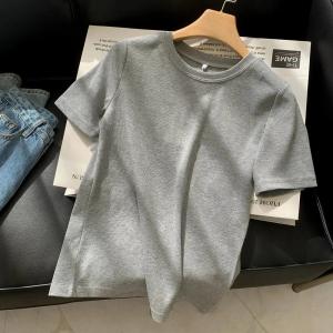 เสื้อยืดแขนสั้นผ้าไหมน้ำแข็งสำหรับผู้หญิงในช่วงฤดูร้อน เสื้อเชิ้ตคอตตอนทรงสลิมฟิตสไตล์เกาหลี ทรงเข้ารูป ความหนาปกติ