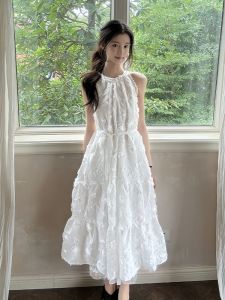 XIAOQIAOJIA | ชุดเดรสยาวแขนกุดคอวีสีขาวสไตล์ฝรั่งเศสสำหรับผู้หญิงในช่วงฤดูร้อน กระโปรงทรงเอเอวสูง สไตล์เกาหลี