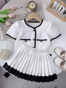 34Bear Leader 2024 New Summer Baby Girls Clothes Sets Short Sleeves Pocket Top  Pleated Skirts 2 Pieces School Style Suits Ternos Kids Childrens Elegent Clothing Outfits