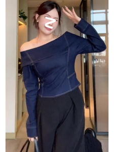 พลัสไซส์ ผู้หญิง เดนิม เสื้อยืดแขนยาวไหล่เดียว สไตล์เกาหลี หลวม Fit Pure Color ฤดูใบไม้ร่วง พรางหุ่น เสื้อท่อนบน สําหรับผู้หญิง