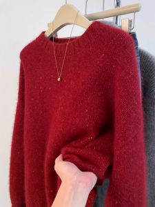 Red Thickened Cashmere Knitted Sweater Womens Loose round Neck Wool Base Shirt Autumn Winter Large Size Knitted Sweater