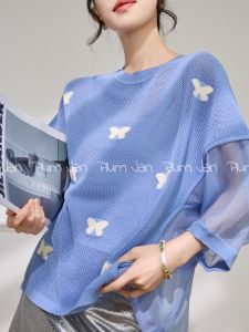 PlumJan | Elegant Breathable Summer Short Sleeve Blue Hollow Knit T-shirt