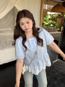 plus Size Womens Summer Slim Fit round Neck Shirt Lace Hem Short Sleeve Patchwork Top Trendy Korean Style Loose Butterfly Knot