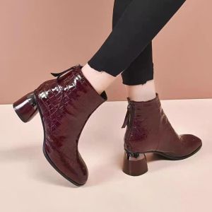 Leather Short Boots Womens Fleece Lined High Heel Comfortable All Season Martin Boots Korean Style Autumn Winter Fashion