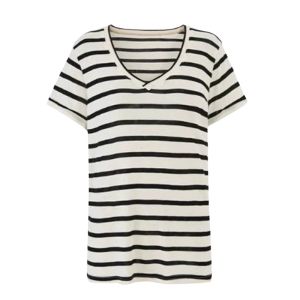 YUEZHONGWEI | Color Block Striped V-Neck T-Shirt Womens Summer Design Sense Lightweight Knitted Short Sleeve Silk Ice Silk Top