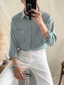 Texture Shirt Mens Idle Style Dark Striped Shirt Mens Summer Blue Sun Protection Clothing Niche Style Casual Shirt
