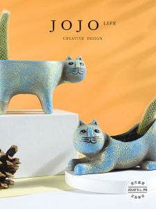 JOJOS L. Ceramic Cat Cartoon Desktop Plant Pot Vintage Creative Home Decorations Flower Pots Green Plant Holder