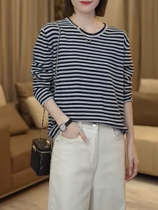QINGNAER | Stripe Round Neck Long Sleeve T-Shirt Fashion Big Size Womens Top