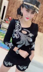 Elegant Long Sleeve Hollow out Womens Base Shirt Glittering Diamond Embellished Slim Fit High Elasticity Fashion Design