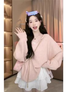 Pink Knitted Sweater Womens Loose Soft Navy Collar Autumn Winter New Style Sweet Style Long Sleeve Crew Neck Top