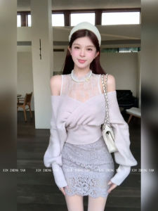Xzy/Xin Zhengyan Slightly Oversized Girls Pure Desire Wind off-Shoulder Lace Knitting Tops Female Early Autumn Lace Package Hip Skirt Suit