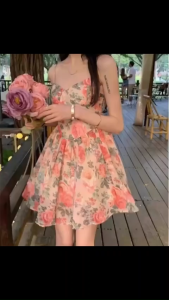 Korean Floral Dress for Women Casual Summer Fashion Cinching Waist To Show Off Thinness Suspender Dress
