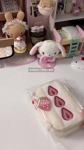 Cute Embroidered Strawberry Pencil Case Portable Stationery Pen Box Multi Functional Large Capacity Makeup Bag Storage Bag
