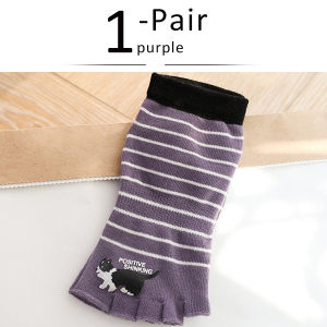 Spring Autumn Five Finger Socks Women Girl Cute Cat Printing Open Toes Striped Weave Boneless Ankle No Show Socks EU 35-39