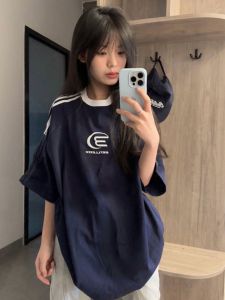 Retro American Splicing Color Block Striped Short Sleeve T-Shirt Women Summer Half Sleeve Chic Loose Casual Top Trendy