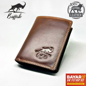 Buffalo Dompet Pria 100% Kulit Model Lipat Dua atau Double Slot Kartu Banyak Casual Vintage Lengkap Ukuran Standar