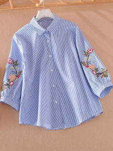 Áo Sơ Mi Nữ Tay Lửng Thêu Cotton Rộng Rãi Họa Tiết Sọc Phong Cách Hàn Quốc Thường Ngày Mùa Hè 2025