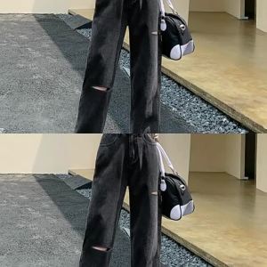 ali Quần Bò ỐNg RộNg Cạp Cao Rách Lỗ Cho Nữ Ống Đứng Rộng Rãi Màu Đen Xám 2024 Quần Dài Lau Sàn  Mùa Xuân Thu