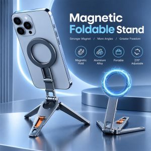 Magnetic Phone Stand Aluminum Alloy 270 Degree Adjustable Foldable MagSafe Tripod Holder with Hook Clip for Live Streaming Video