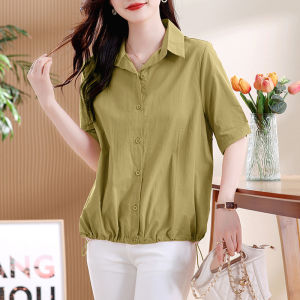 เสื้อเชิ้ตผู้หญิงแขนสั้นผ้าชีฟอง ทรงหลวม ทรงปกติ ฤดูร้อน 2025 ทรงปกติ ผ้าฝ้ายผสม ระบายอากาศได้ดี ปกโปโล ปกติ