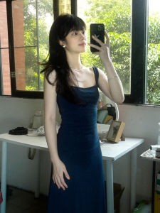 Váy Dài Chữ a Màu Xanh Lam Gợi Cảm Mùa Hè 2025 Mới Cho Nữ Váy Dài Không Tay Cổ Vuông Dáng H