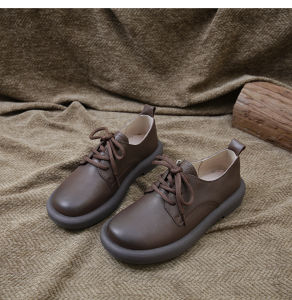 Hattin Handmade Soft Leather British Style round Toe Lace up Thick Bottom Casual Versatile Comfortable Shoes Womens Flats