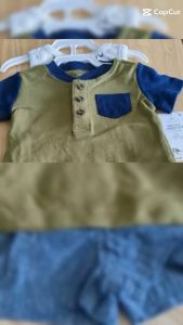 Carters Boys 3pcs Tiger -Bodysuit Green Shirt & Blue Shorts Set for 0 to 3 mons.