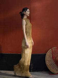 New Chinese Style Dyed Skirt Unique Beautiful Womens French Pleated Slim Fit Sleeveless Dress High Waist Long Evening Gown