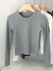 Thickened Fleece Long Sleeve Slim Fit T-Shirt Women Pure Cotton round Neck Simple Versatile Inner Wear Winter One-Piece Velvet