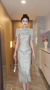 Elegant New Chinese Style Fashion High Waist Midi Dress Womens Summer 2024 Slimming Flattering Versatile Short Sleeve Dress