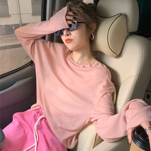 Pink Summer Thin Long Sleeve Sun Protection Clothes Ice Silk Loose Lazy Style round Neck Overhead T-shirt Korean Version Commute