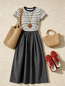 QINGMUZI | Retro American Style T-shirt & Skirt Set
