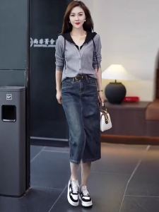 Jasmine High-End Anti-Aging Fashion Set ผู้หญิง ฤดูใบไม้ผลิ ฤดูใบไม้ร่วง New Style มีฮู้ด เดนิม Mini กระโปรง ลำลอง High เอว ทรงเอ Dress