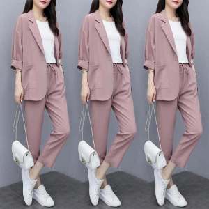 Niceaay 2023 Small Blazer Jacket plus Size Korean Style Loose Fitting Casual Plain Blazer Pants Two Piece Set For Women