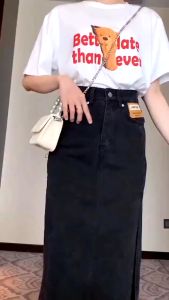 Rok korean style panjang hitam rok jeans wanita slit denim fashion rok high waist jumbo cewek skirt