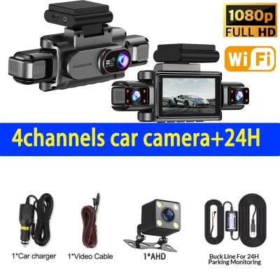 Car Dash Cam 4 Channel Black Box WiFi Driving Camera FHD 1080P Front Left Right Rear Night Vision Loop Recording add Hardwireki