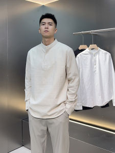 Autumn 2025 New Pure Cotton Long Sleeve Hooded Mandarin Collar Chinese Style Mens Shirt Comfortable Loose Fit Youth Fashion