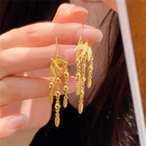 สไตล์จีน Magpie Leaf Drop ต่างหูสามทองงานแต่งงานแฟชั่น ผู้หญิง ต่างหูตะขอพู่เครื่องประดับหูสดอบโลหะผสม