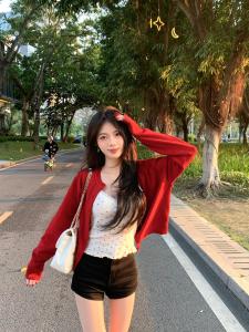 Red Knitted Open Cardigan Short Sleeve Long Sleeve Outerwear Womens Casual Style Loose Fit Soft Fabric Button Detail